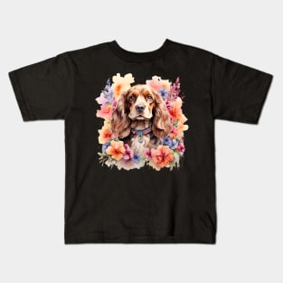 An english cocker spaniel decorated with beautiful watercolor flowers Kids T-Shirt